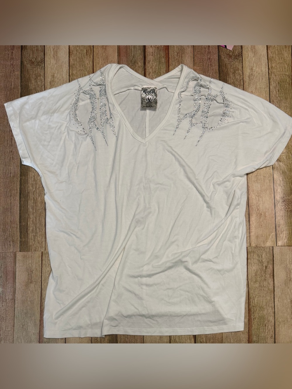 Vocal White V-Neck Short Sleeve Top with Silver Rhinestone Shoulder Detail